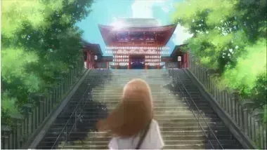 Chihaya faisant face à l'Omi Jingu, l'endroit où elle peut devenir Queen au karuta