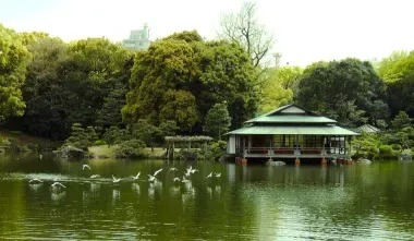 La maison de thé Ryo-tei, située sur l'une des trois îlots du jardin Kiyosumi Koen à Tokyo.