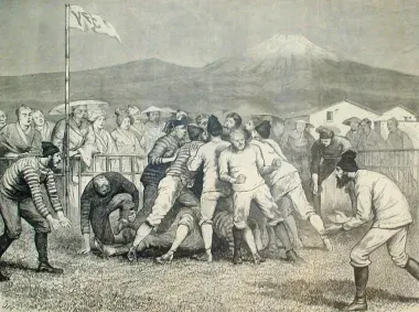 Práctica de rugby en Japón en 1874.