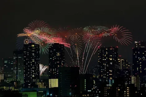Durante la Sumida Matsuri, i razzi della baia competono per il titolo di fuoco d'artificio più sorprendente di Tokyo.