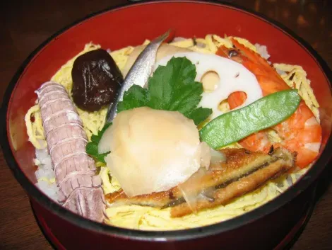 Chirashizushi bowl, a dish Nagomi Visit learns to cook.