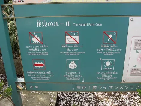 Panneau indiquant les règles à respecter dans le parc d'Ueno, Tokyo.