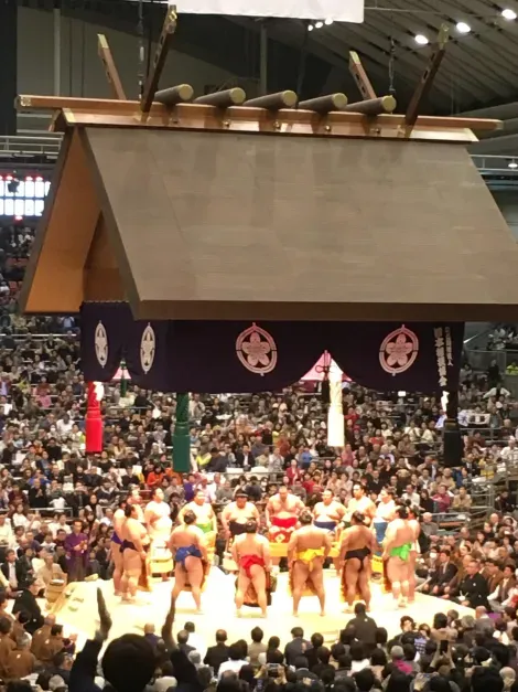 Les sumos réunis en cercle, au centre du Edion Arena d'Osaka