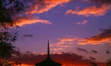 Vista nocturna de la pagoda del templo Yasaka Jinja.